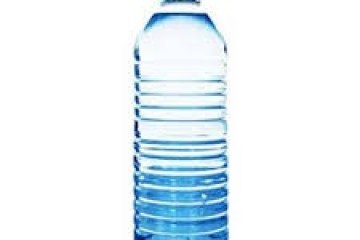 Clear plastic water bottle with blue cap on white background.
