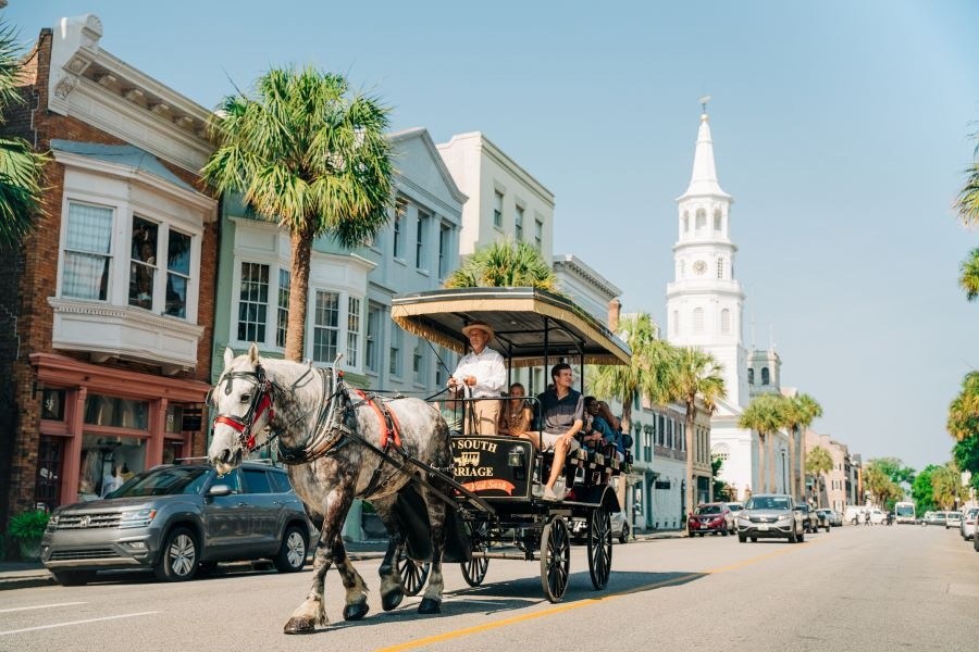 Horse-drawn carriage on a street with historic buildings and a church spire.