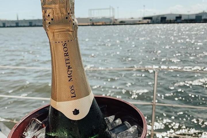 Champagne bottle in ice bucket on a boat with water view.