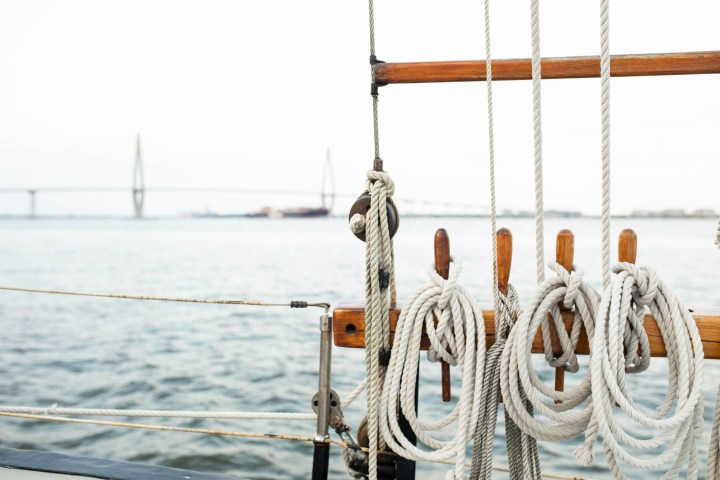 Sailboat ropes and a bridge in the background over water.