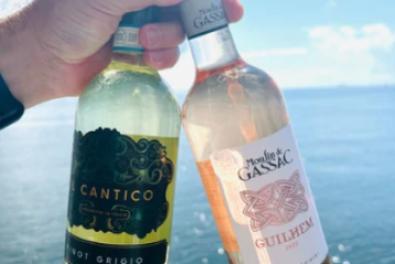 Two wine bottles held over a sparkling sea background.