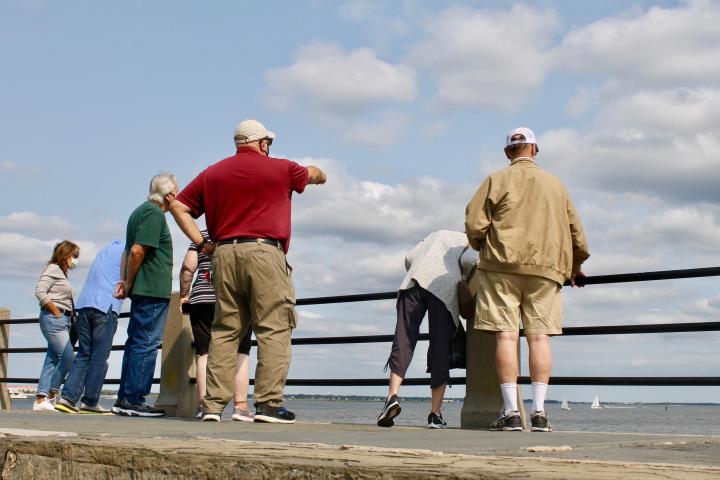 Group of people on a boardwalk looking at the sea, some pointing.