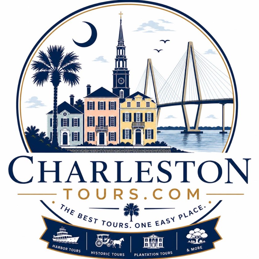 Illustration of Charleston with houses, a church, palm tree, bridge, and crescent moon.